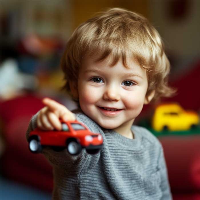 Kind mit Spielzeugauto in der Hand zeigt auf etwas